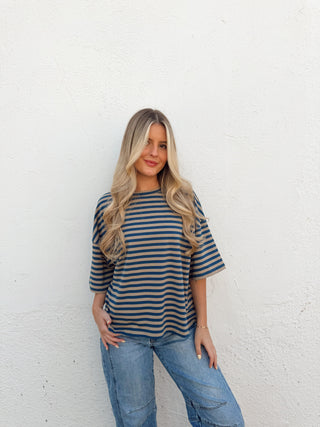 Kace Stripe Tee - Teal/Tan