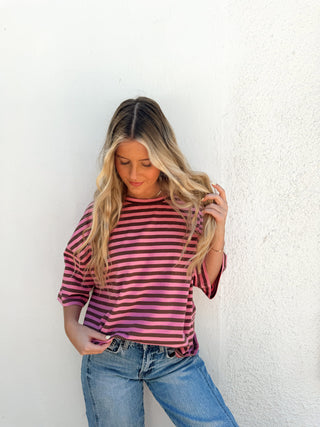 Kace Stripe Tee - Pink/Chocolate