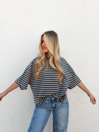 Kace Stripe Tee - Teal/Tan