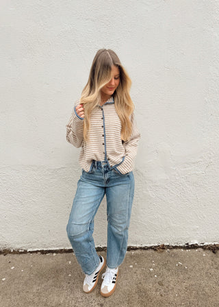 Piper Cardigan Sweater - Oatmeal/Blue