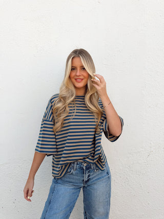 Kace Stripe Tee - Teal/Tan