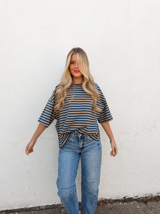 Kace Stripe Tee - Teal/Tan