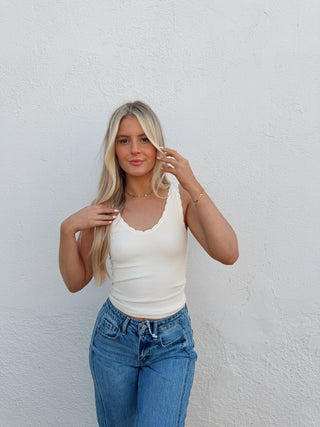 Scalloped Ribbed Tank - Butter Cream