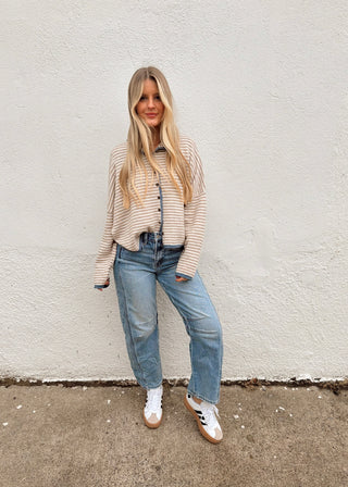 Piper Cardigan Sweater - Oatmeal/Blue