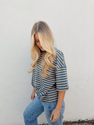 Kace Stripe Tee - Teal/Tan