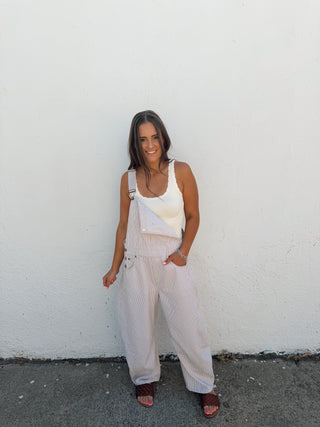 Billy Stripe Overalls - Taupe