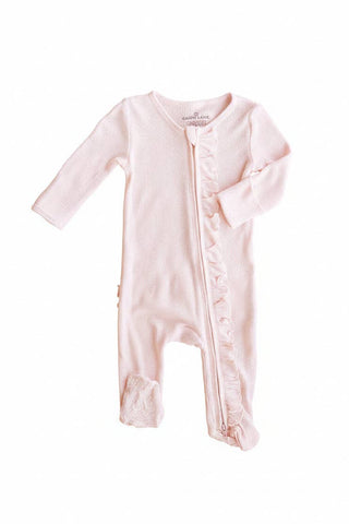 Pearl Pink Bamboo Waffle Ruffle Zipper Footie