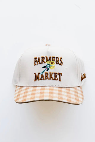 Cap with 'Farmers Market' text and checkered brim on a white background
