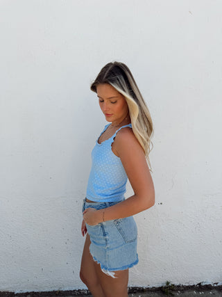 Polka Dot Edge Crop Tank - Light Blue