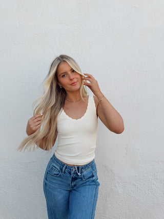 Scalloped Ribbed Tank - Butter Cream