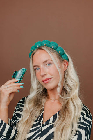KAXI GRWM Headband Set — Skincare Headband: TEAL WITH GEMS / WITH MIDI CLAW
