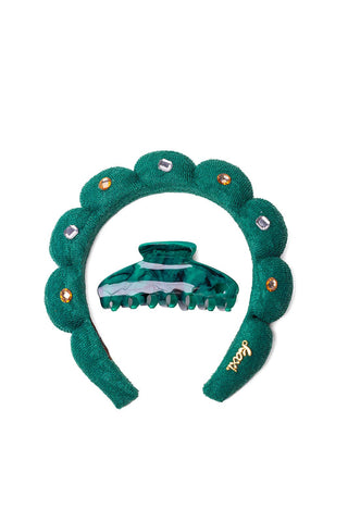KAXI GRWM Headband Set — Skincare Headband: TEAL WITH GEMS / WITH MIDI CLAW