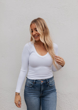 Basic Long Sleeve Ribbed Top - White