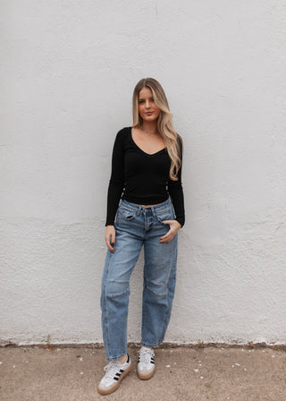 Basic Long Sleeve Ribbed Top - Black