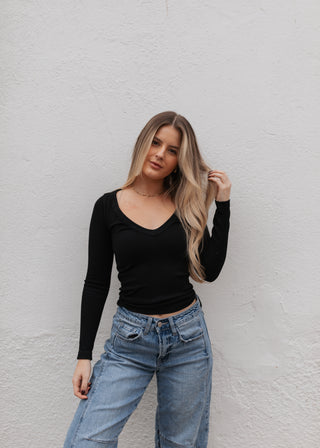 Basic Long Sleeve Ribbed Top - Black