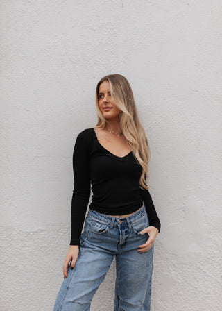 Basic Long Sleeve Ribbed Top - Black