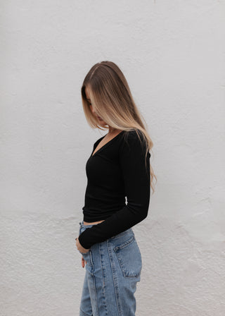 Basic Long Sleeve Ribbed Top - Black