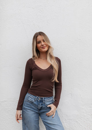 Basic Long Sleeve Ribbed Top - Brown