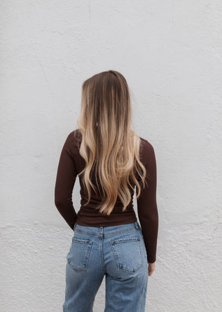 Basic Long Sleeve Ribbed Top - Brown