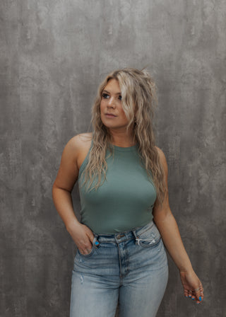 Riley Ribbed Crop Tank - Sage