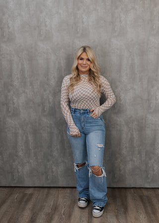 Chex Mesh Top- White & Taupe