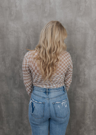 Chex Mesh Top- White & Taupe