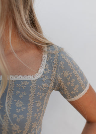 Isabella Floral Lace Tee - Grey