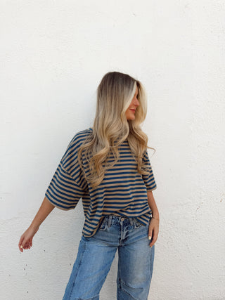 Kace Stripe Tee - Teal/Tan
