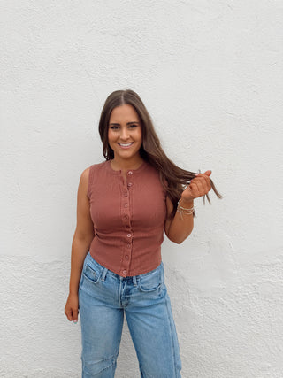 Beau Button Tank - Terracotta