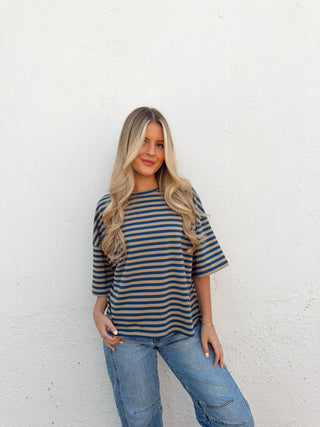 Kace Stripe Tee - Teal/Tan