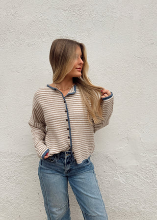 Piper Cardigan Sweater - Oatmeal/Blue