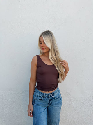 Scalloped Ribbed Tank - Brown