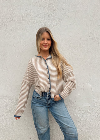 Piper Cardigan Sweater - Oatmeal/Blue
