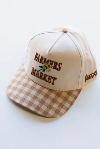 Beige cap with 'Farmers Market' text and checkered brim on a white background
