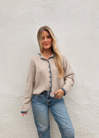 Piper Cardigan Sweater - Oatmeal/Blue
