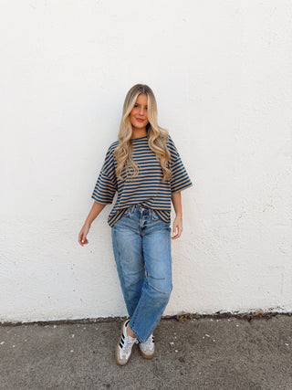 Kace Stripe Tee - Teal/Tan