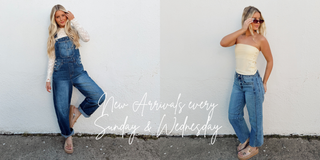 banner showing two outfits - one overall and lace top outfit and the other a yellow tube top and jeans with text that says " new arrivals every Sunday and Wednesday"