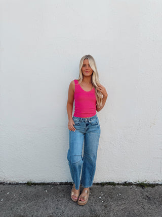 Scalloped Ribbed Tank - Fuchsia