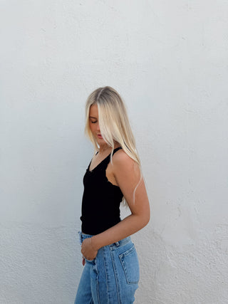 Scalloped Ribbed Tank - Black