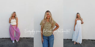 Three images of a woman in different outfits against a white wall.