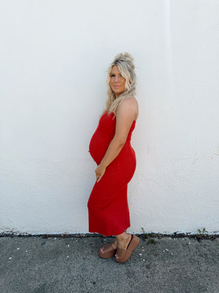 Acid Wash Midi Strapless Dress - Red