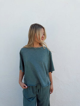 Girl modeling.a teal green set