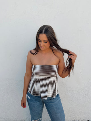 girl modeling a Brown and cream tube top