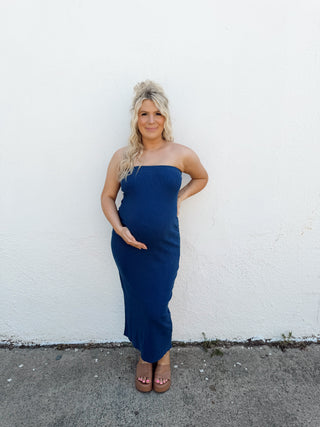 Acid Wash Midi Strapless Dress - Navy