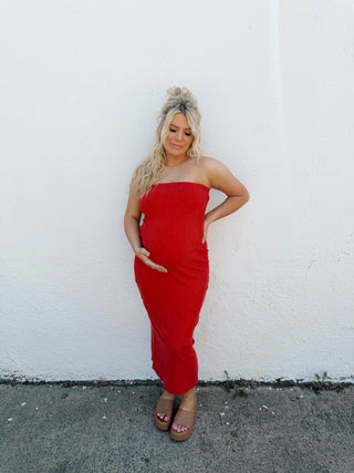 Acid Wash Midi Strapless Dress - Red