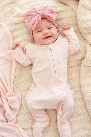 Pearl Pink Bamboo Waffle Ruffle Zipper Footie