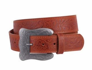 MW- Western Square Frame Tooled Buckle Belt- Brown